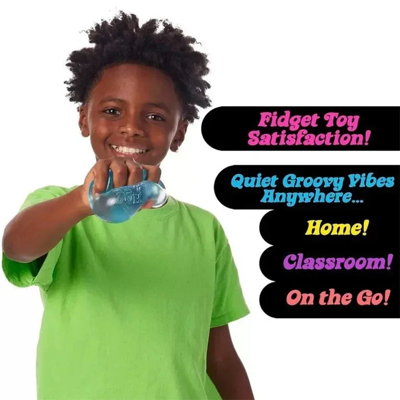 Child holding a fidget toy with promotional text 