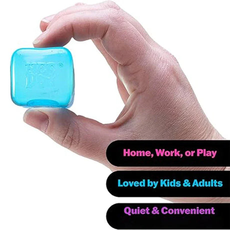 Hand holding a blue cube with text about its use in various settings.