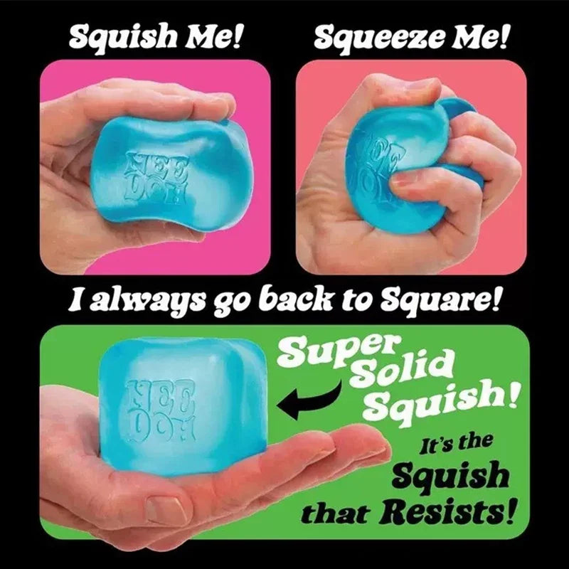 Blue stress ball being squished and squeezed with text describing its properties.