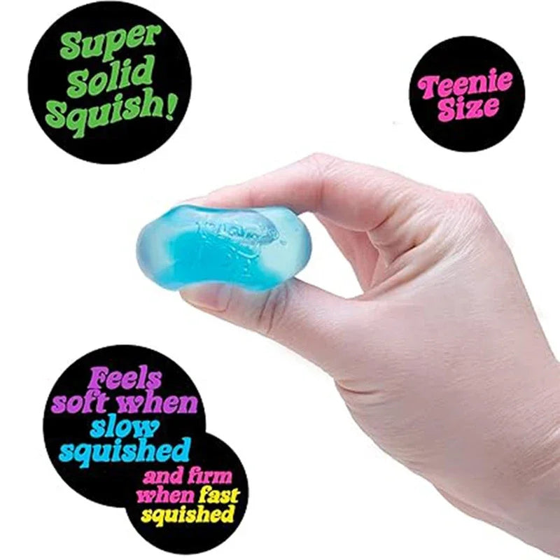 Hand holding a blue squishy toy with descriptive text around it.