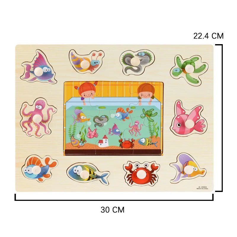 Montessori wooden sea animal puzzle for color and shape matching with a sturdy wooden frame for toddlers.