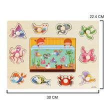 Montessori wooden sea animal puzzle for color and shape matching with a sturdy wooden frame for toddlers.