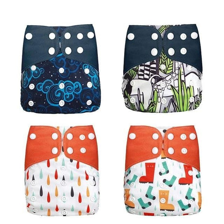 Four colorful patterned cloth diapers 