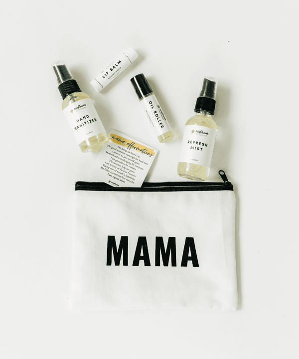 Self Care Mama Pouch Bundle with lip balm, hand sanitiser, and mist in a zip pouch for postpartum self-care and new mom gifting.