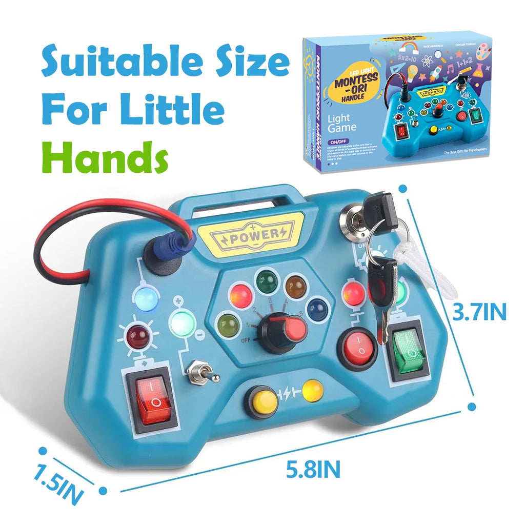 Toy control panel with colorful buttons and switches.