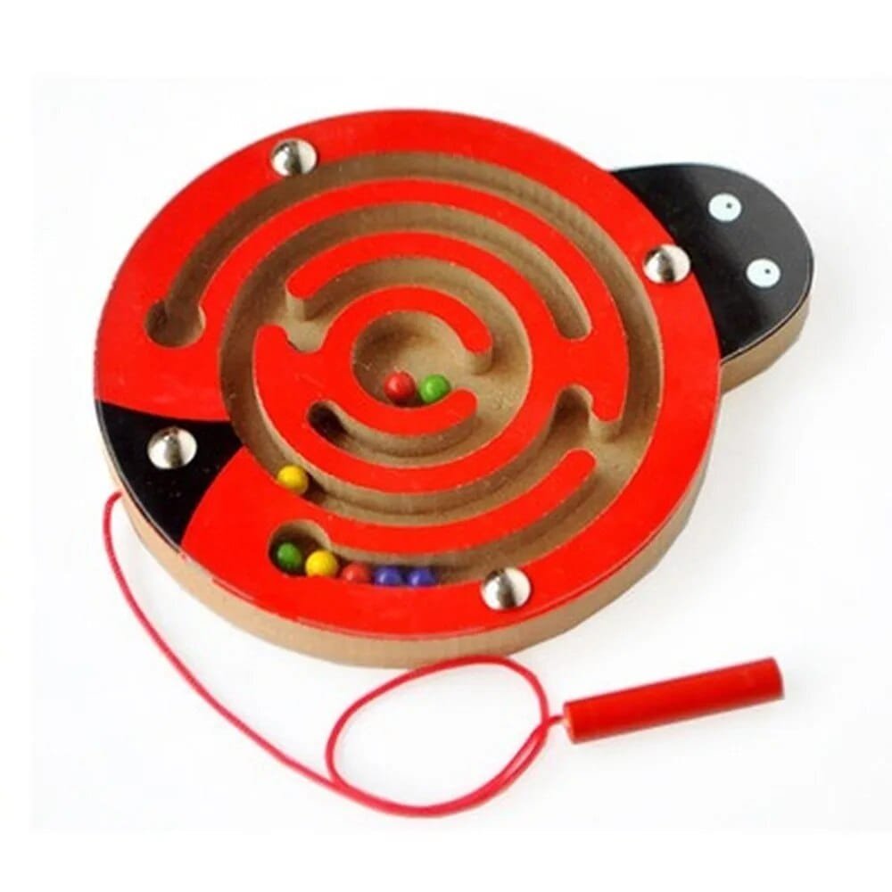 Wooden labyrinth toy with red rim and colorful balls.