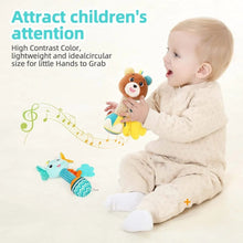 Sensory stuffed animal rattle toy that holds an infants attention during playtime and encourages visual tracking.