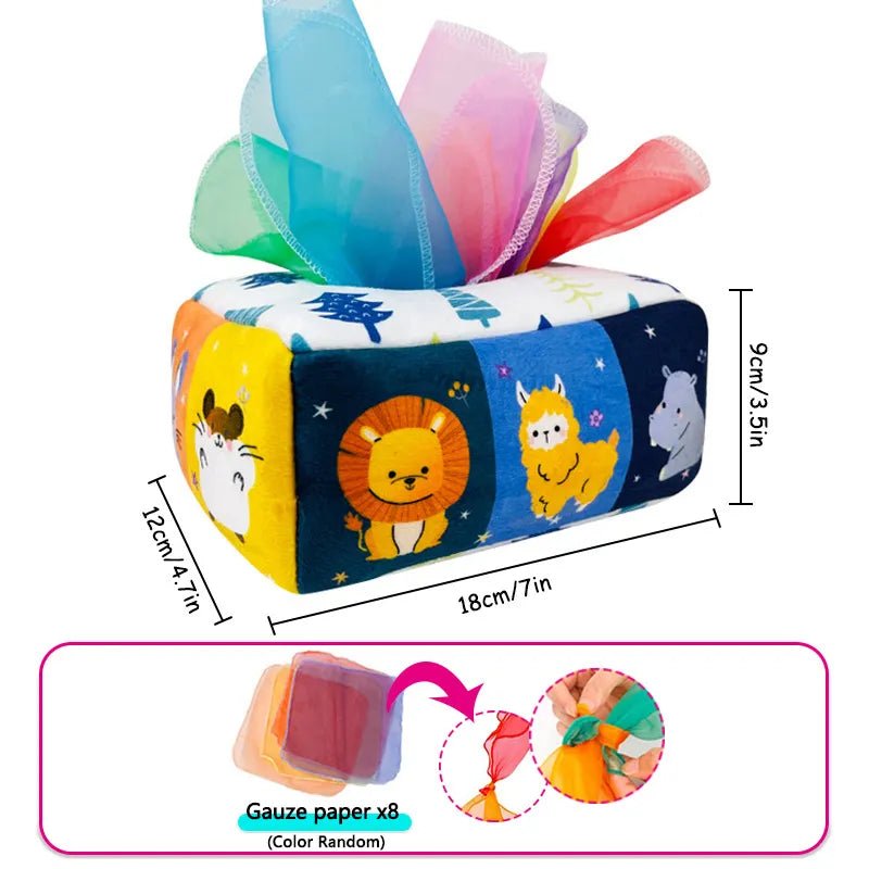 Colorful baby toy with cartoon animals and gauze paper 
