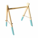 Wooden frame with blue accents.