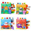 Set of four animal tail cloth books with colorful illustrations for baby sensory play.