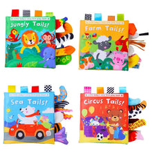 Set of four animal tail cloth books with colorful illustrations for baby sensory play.