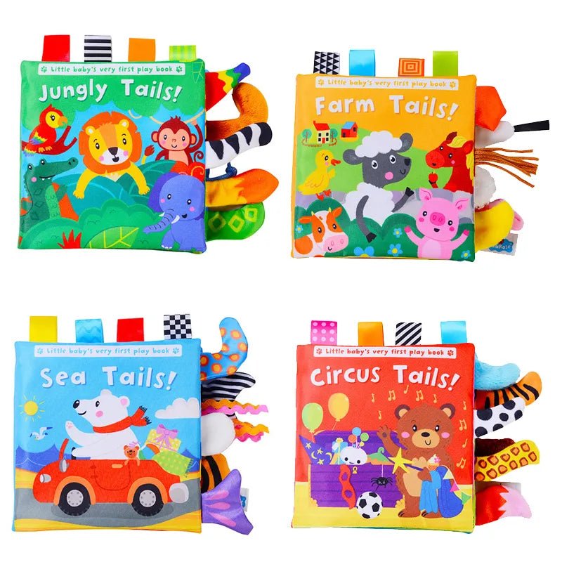Set of four animal tail cloth books with colorful illustrations for baby sensory play.