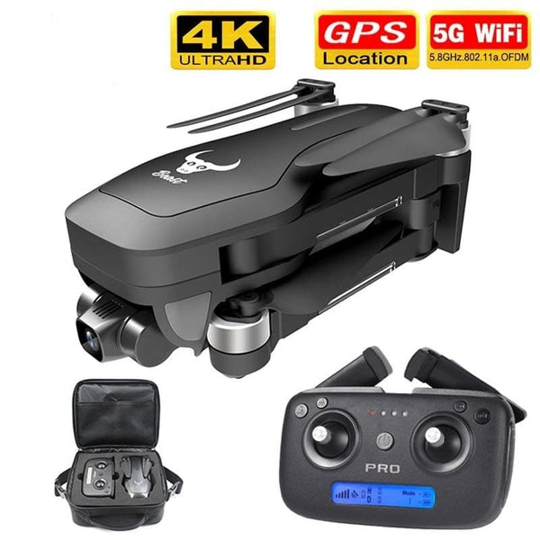 SG906 Pro drone with 4K gimbal camera, remote, and carry case for aerial photography and travel filming.