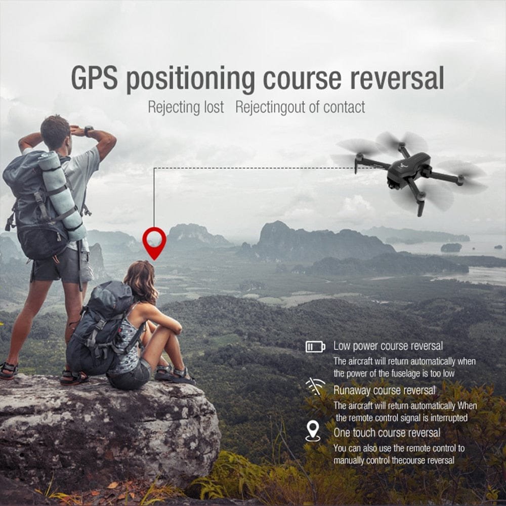 SG906 Pro drone with GPS return-to-home flying over a mountain for hiking videos and travel photography.