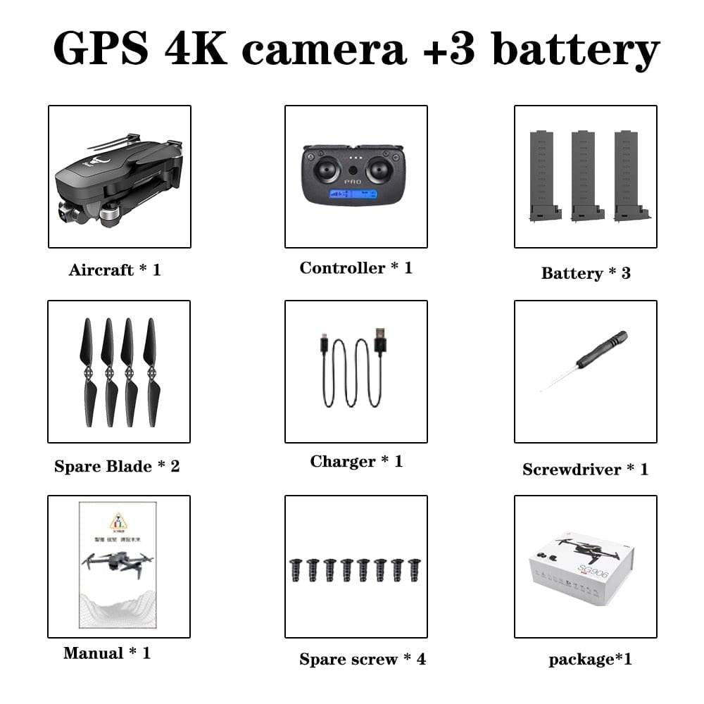 SG906 Pro drone labelled accessory set with manual and tools for straightforward assembly and maintenance.