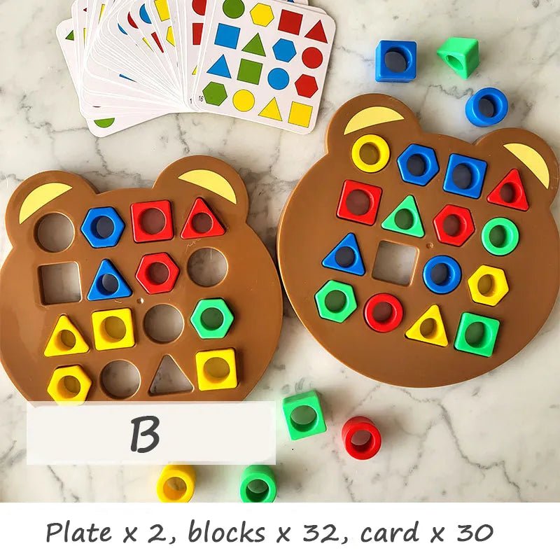 Educational toy set with bear-shaped plates, colorful blocks, and a card.