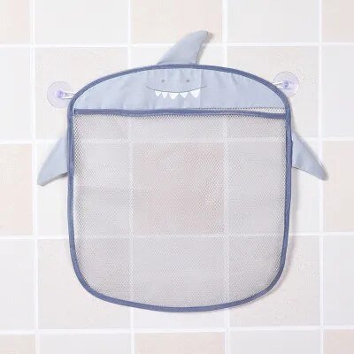 Shark mesh bath toy storage net with suction cups for hands-free bathroom organizing.