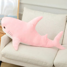 Soft Shark Plush Toy and Reading Pillow pink cushion angled view for sofa lounging, bedtime reading, and cosy room styling.