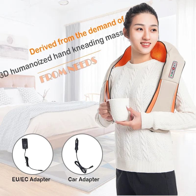 U-Shape Shiatsu Massager with 3D hand-style kneading nodes and adapter for deep neck relief at home or in the office.