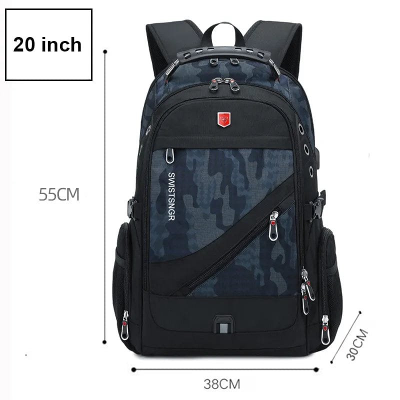 Black and blue camouflage backpack with measurements