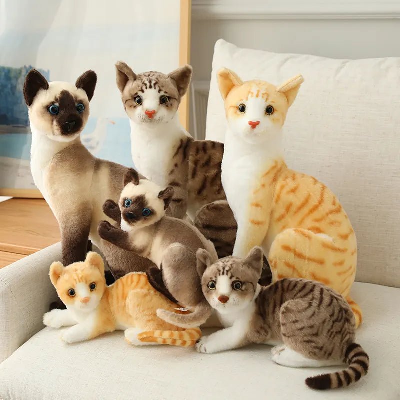 Lifelike Siamese American Shorthair Plush Cats collection displayed for home decor.