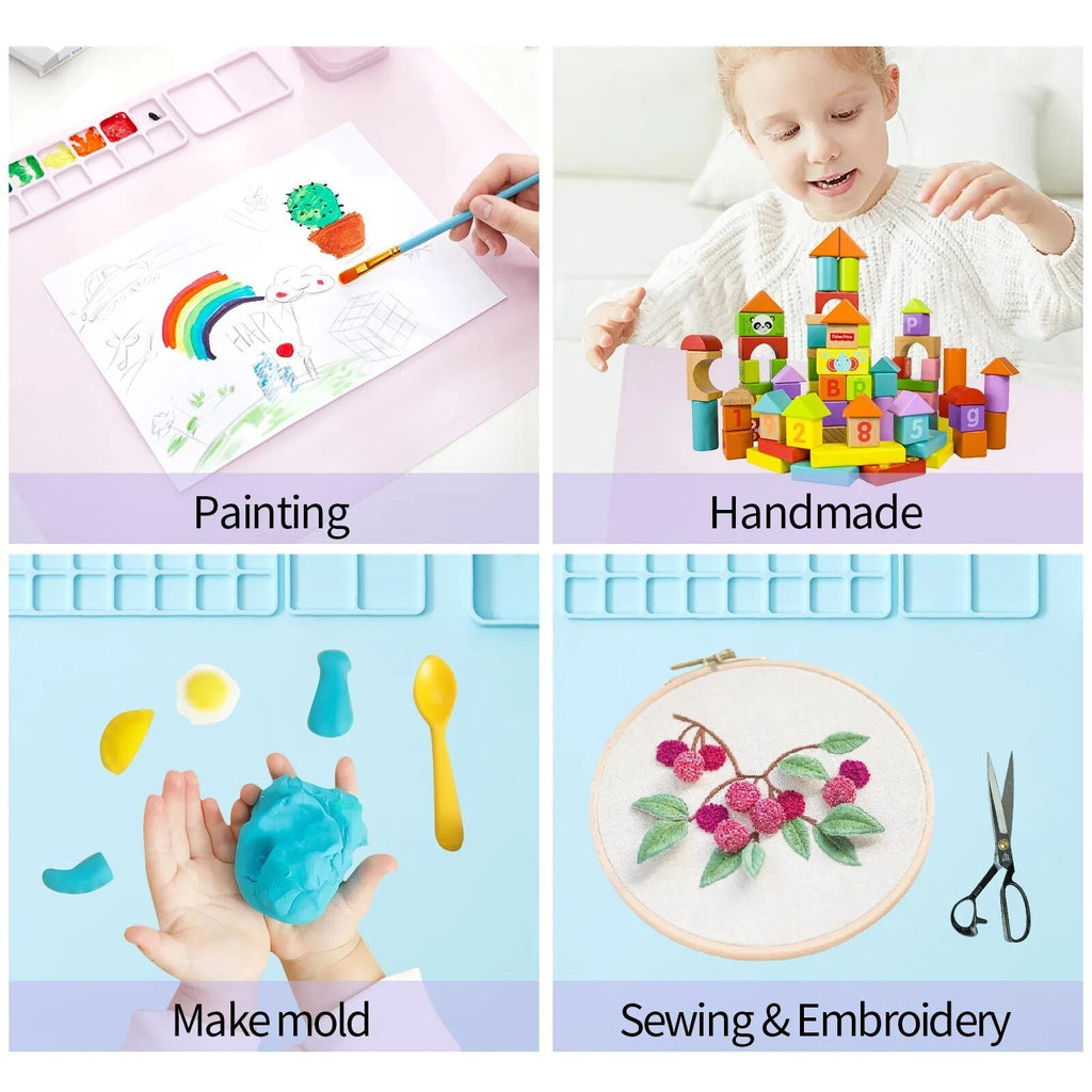 Collage of children engaged in various activities including painting, making molds, and sewing.