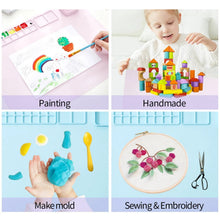 Collage of children engaged in various activities including painting, making molds, and sewing.