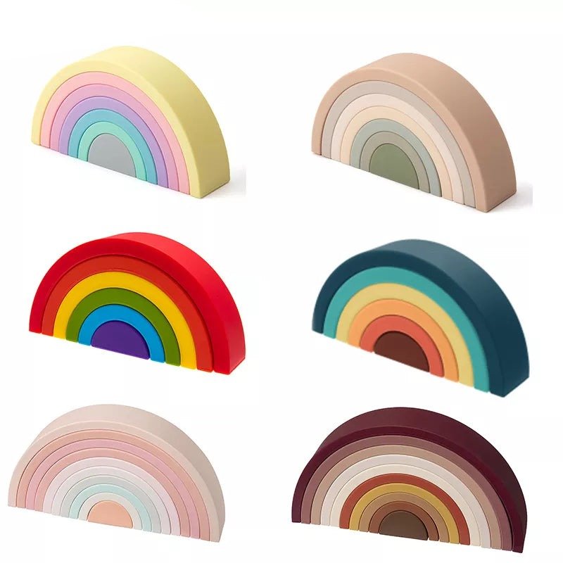 BPA-Free Silicone Baby Blocks rainbow stacking arch set for Montessori sensory play and toddler colour learning.