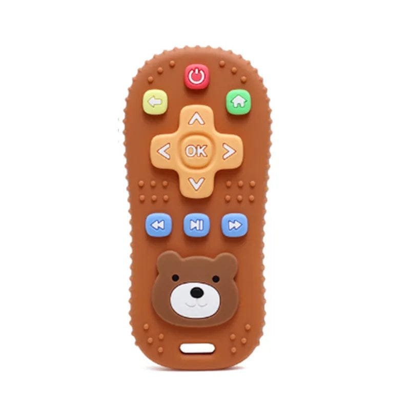 Silicone bear remote teether as a baby teething essential for gum relief, gripping, and quiet-time play.