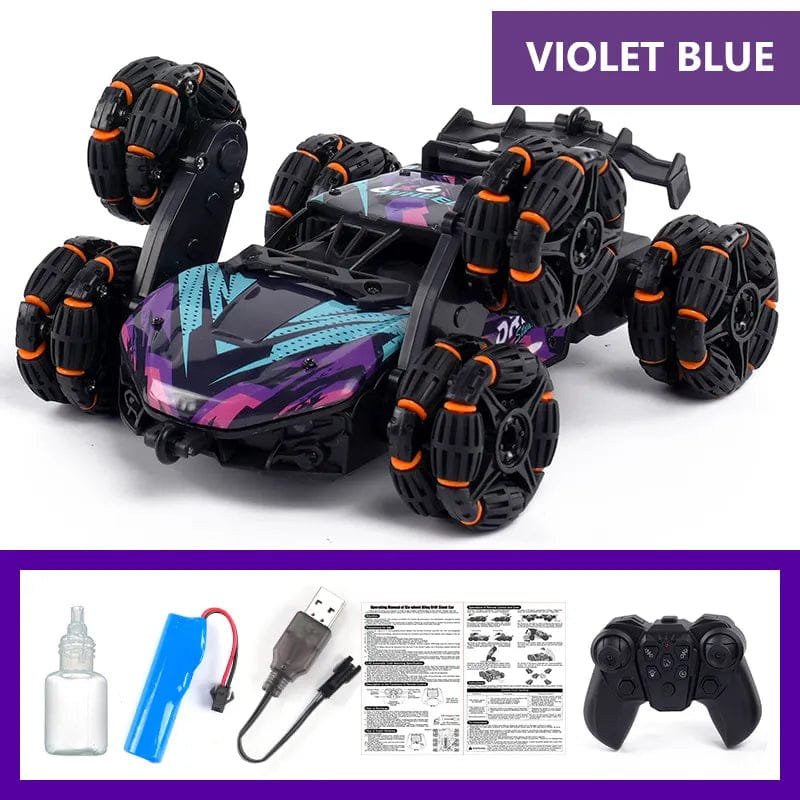 Six-wheel RC drift car with LED lights, spray function, and controller included for complete stunt play.