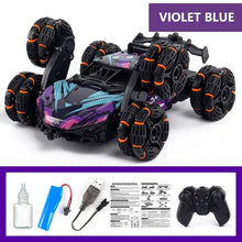Six-wheel RC drift car with LED lights, spray function, and controller included for complete stunt play.