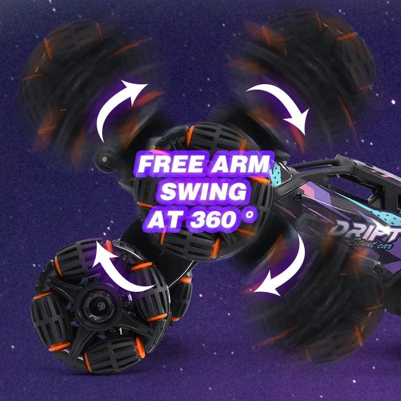 Six-wheel RC drift car with mist spray and swinging arm action for twisting stunts and playful racing.