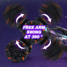 Six-wheel RC drift car with mist spray and swinging arm action for twisting stunts and playful racing.