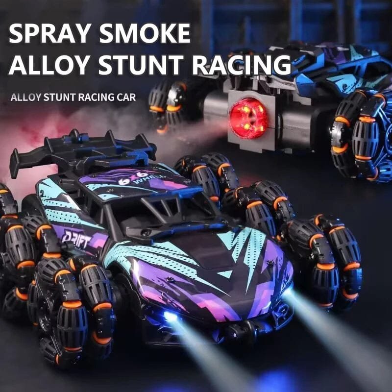 Six-wheel RC drift car with spray smoke effect for dramatic stunt runs and indoor racing excitement.