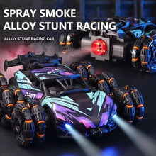 Six-wheel RC drift car with spray smoke effect for dramatic stunt runs and indoor racing excitement.
