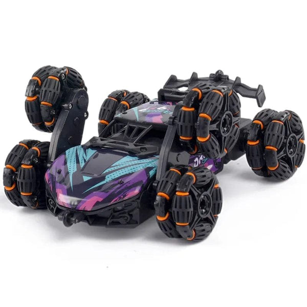 Six-wheel RC spray drift car in black and orange for twisting stunts, drift runs, and remote control play.