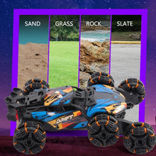 Six-wheel RC spray drift car built for multiple terrains including carpet, tiles, and outdoor pavement play.