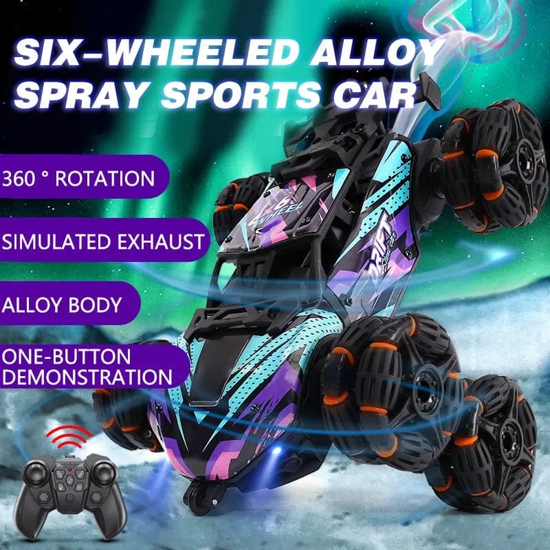Six-wheel remote control alloy spray sports car for drifting, trick driving, and kids birthday gifting.
