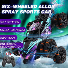 Six-wheel remote control alloy spray sports car for drifting, trick driving, and kids birthday gifting.