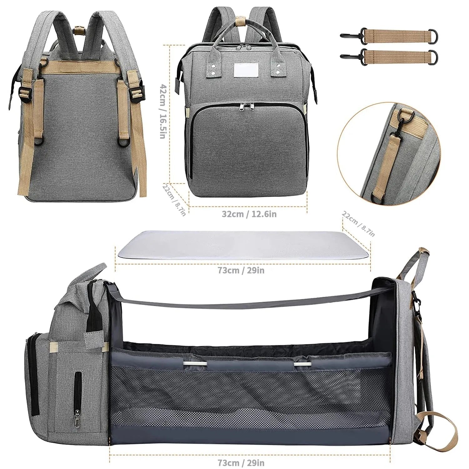 Mommy backpack with portable baby sleeping bed shown with dimensions for choosing the right size.