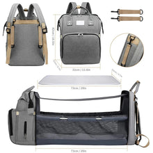 Mommy backpack with portable baby sleeping bed shown with dimensions for choosing the right size.