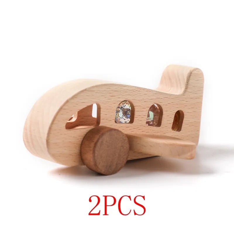 Montessori wooden train and trolley skill building toy set including a wooden toy airplane for imaginative play.