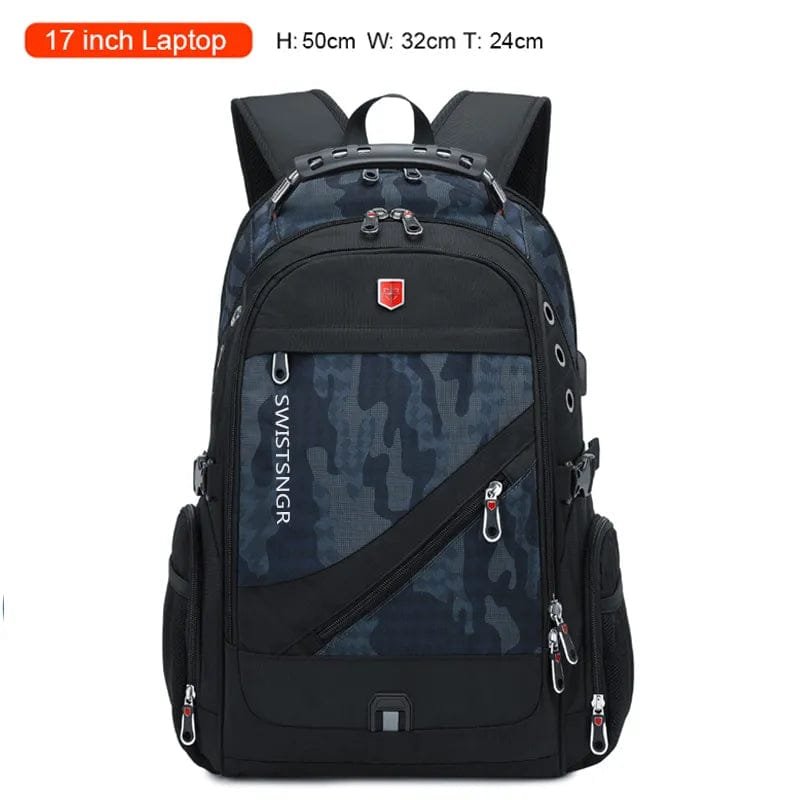 Black backpack with camouflage pattern and visible brand logo