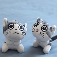 Small cat plush stuffed toys shown as a pair, 9cm keyring dolls for bag charms, stocking fillers, and desk decoration.