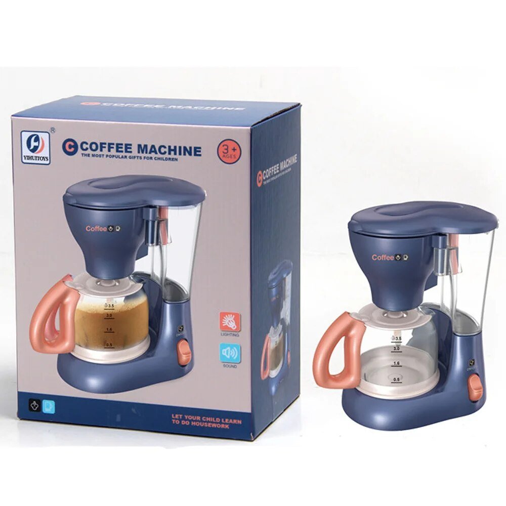 Children's coffee machine with blue lid and pink handles next to its packaging box.