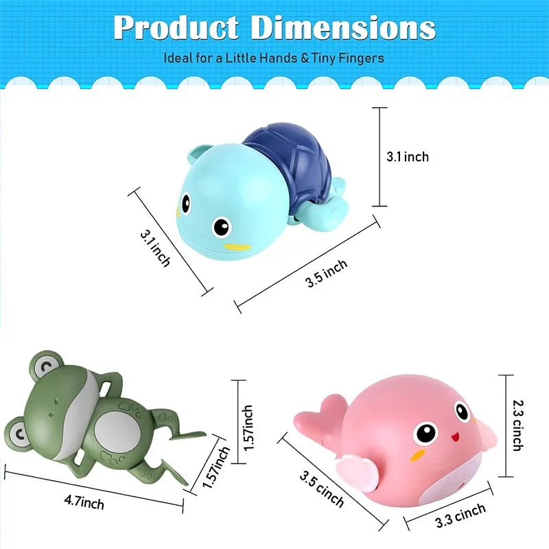 Product dimensions of small toys with measurements on a white background