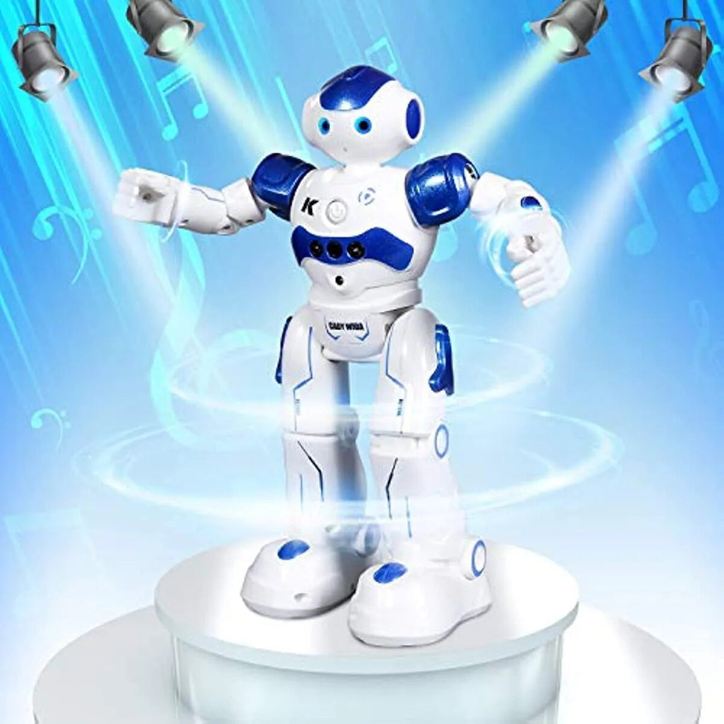 Programmable RC robot with gesture control in blue and white for smart kids play.