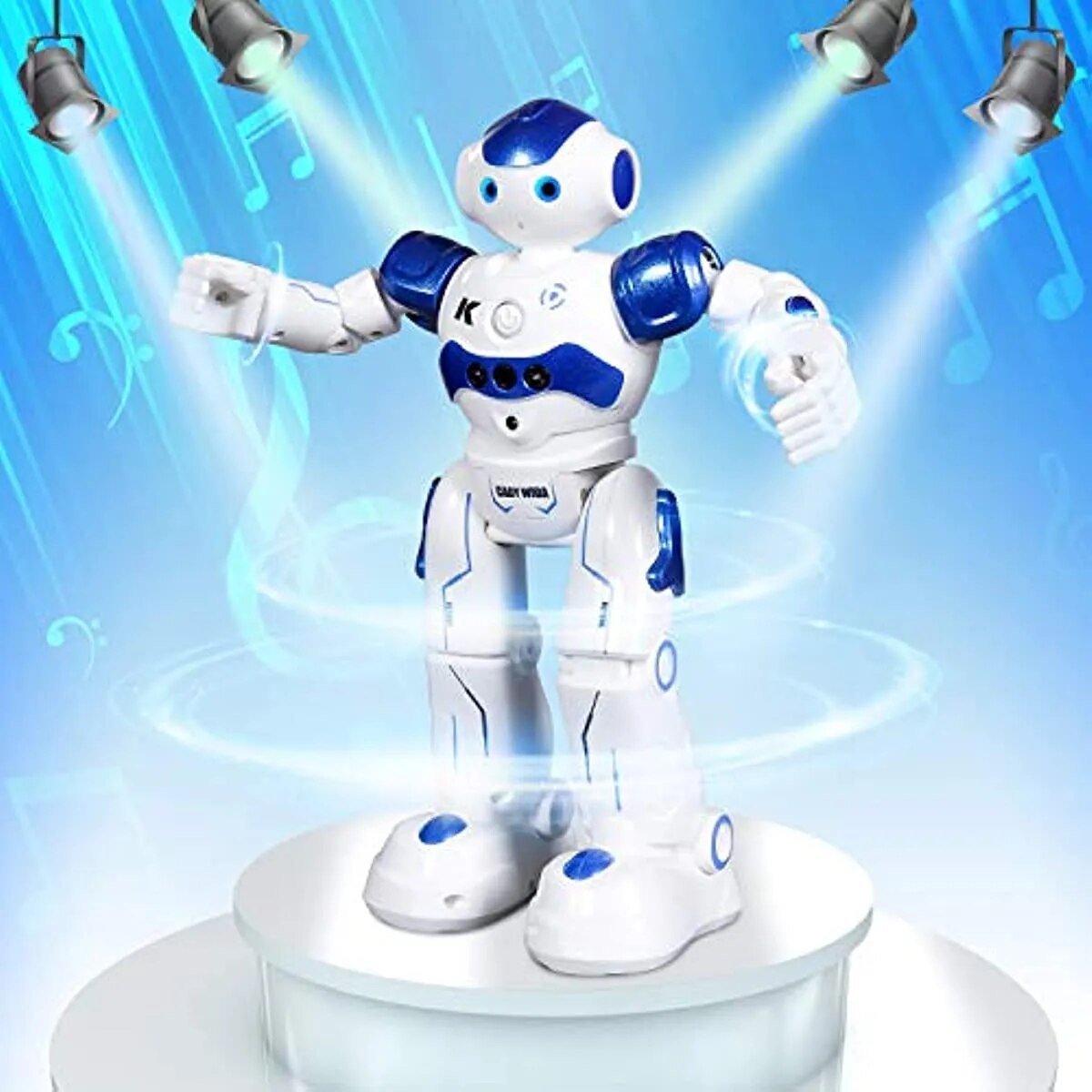Programmable RC robot with gesture control in blue and white for smart kids play.