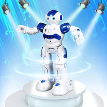 Programmable RC robot with gesture control in blue and white for smart kids play.