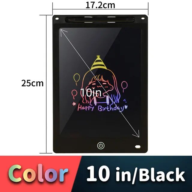 10-inch black LCD writing tablet with dimensions and color information.